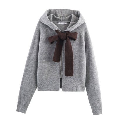 Damen Strickpullover Mit Kapuze Dekoratives Bindeband Norvielle