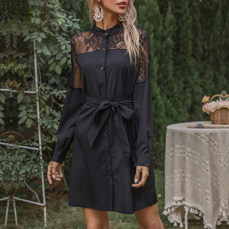 Damen Hemdblusenkleid Spitzenärmel Taillengürtel Norvielle - Norvielle