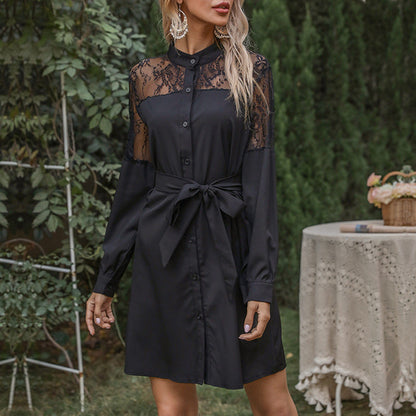 Damen Hemdblusenkleid Spitzenärmel Taillengürtel Norvielle - Norvielle