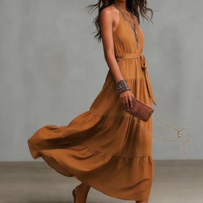 Damen Maxikleid Taillengürtel Tiefes Rückendesign