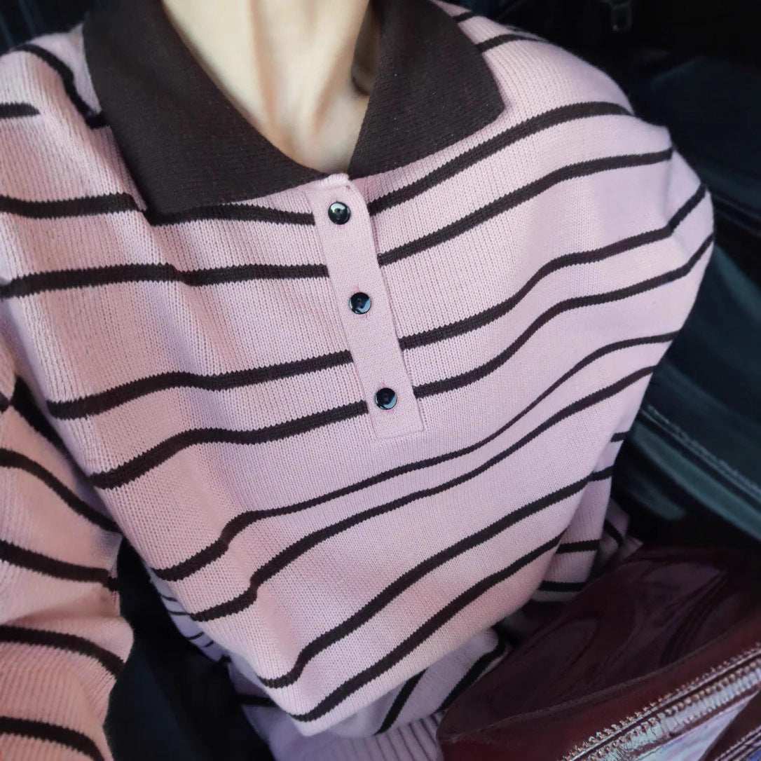 Damen Pullover Streifen Polokragen Norvielle