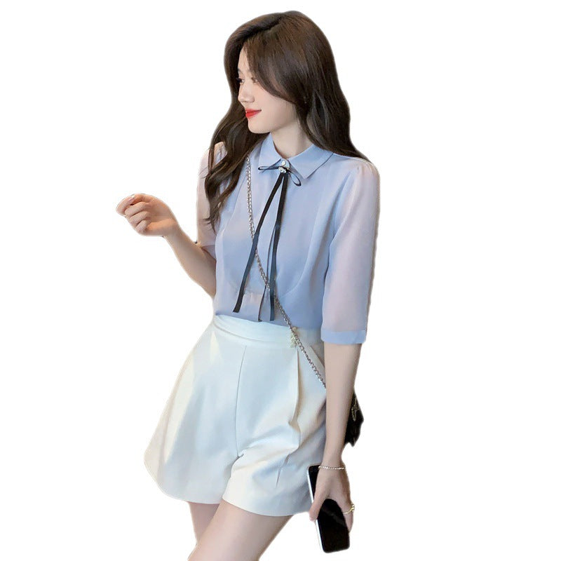 Damen Bluse Dekorativer Kragen Transparente Ärmel