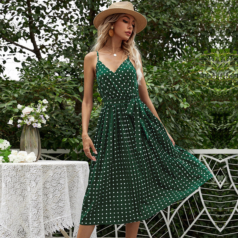 Damen Midikleid mit Gürtel Polka Dot Muster