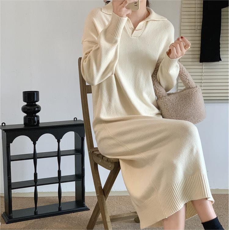 Damen Langarm Polo-Kleid Weiches Strickmaterial Norvielle
