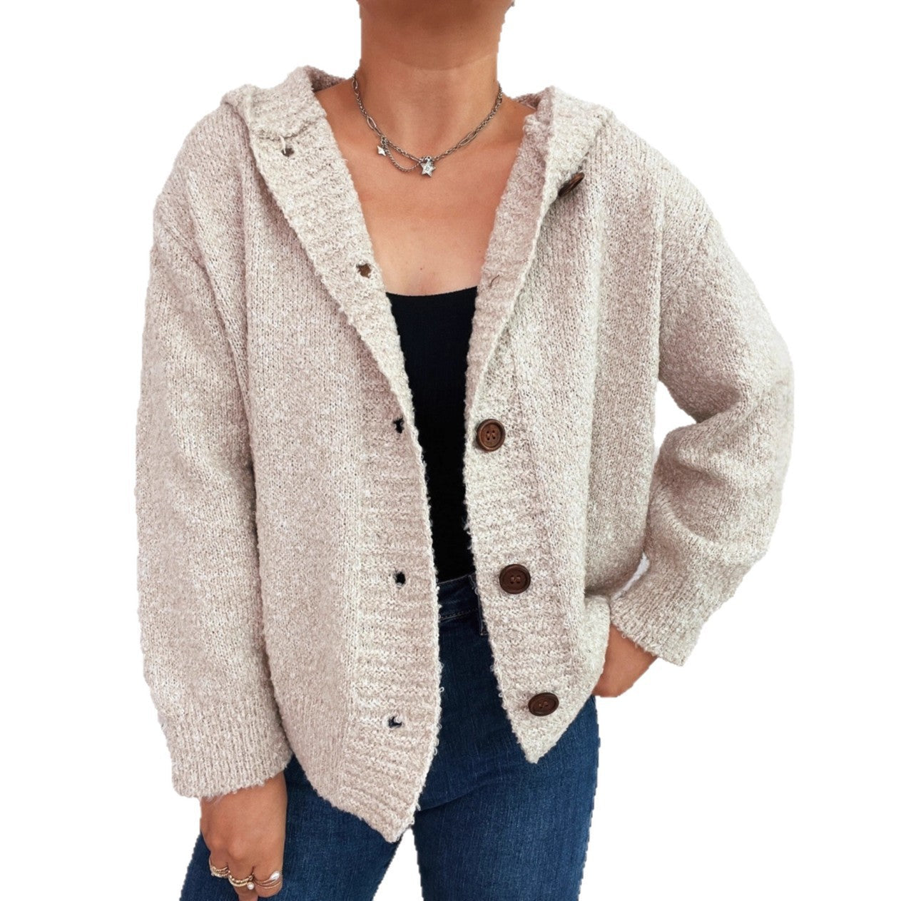 Damen Strickjacke Kapuze Knöpfe Norvielle