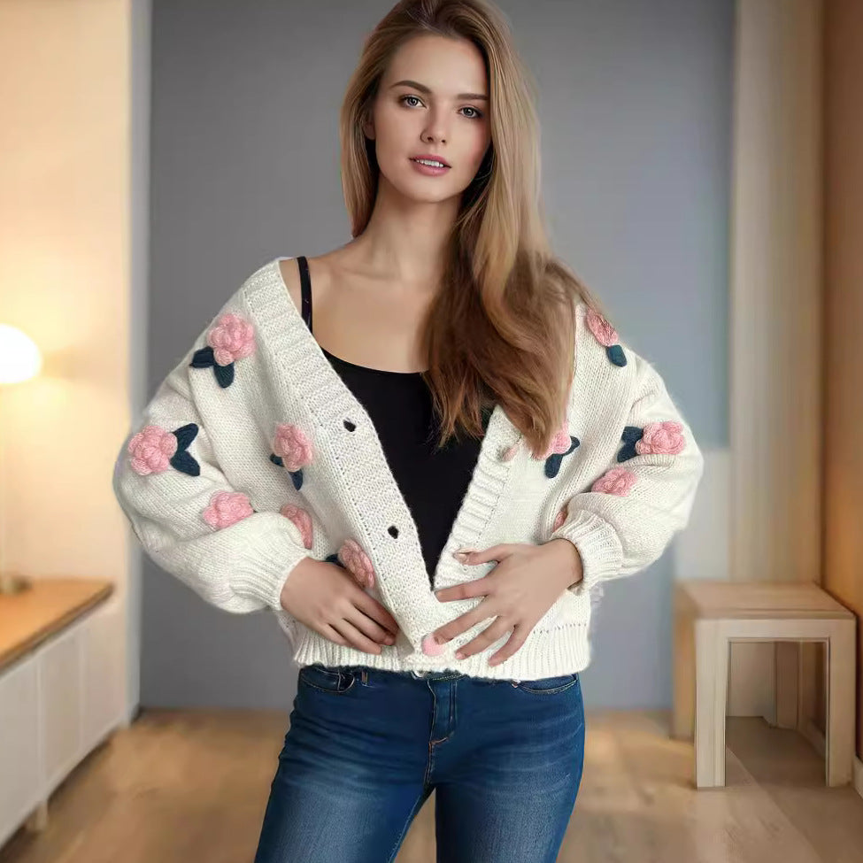 Damen Strickjacke Kuschelig Florales 3D-Design Große Knöpfe Norvielle - Norvielle