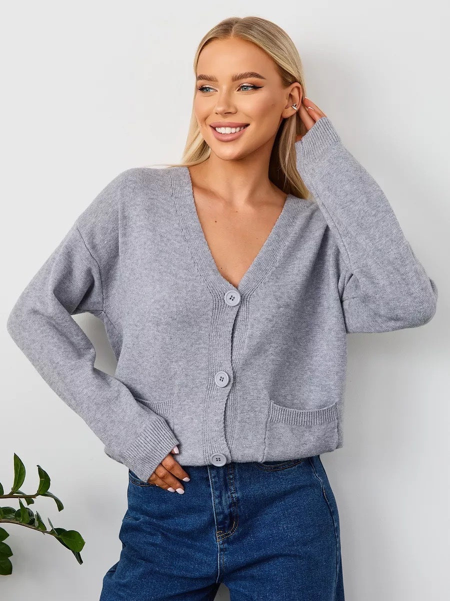 Damen Strickcardigan V-Ausschnitt Taschen Norvielle