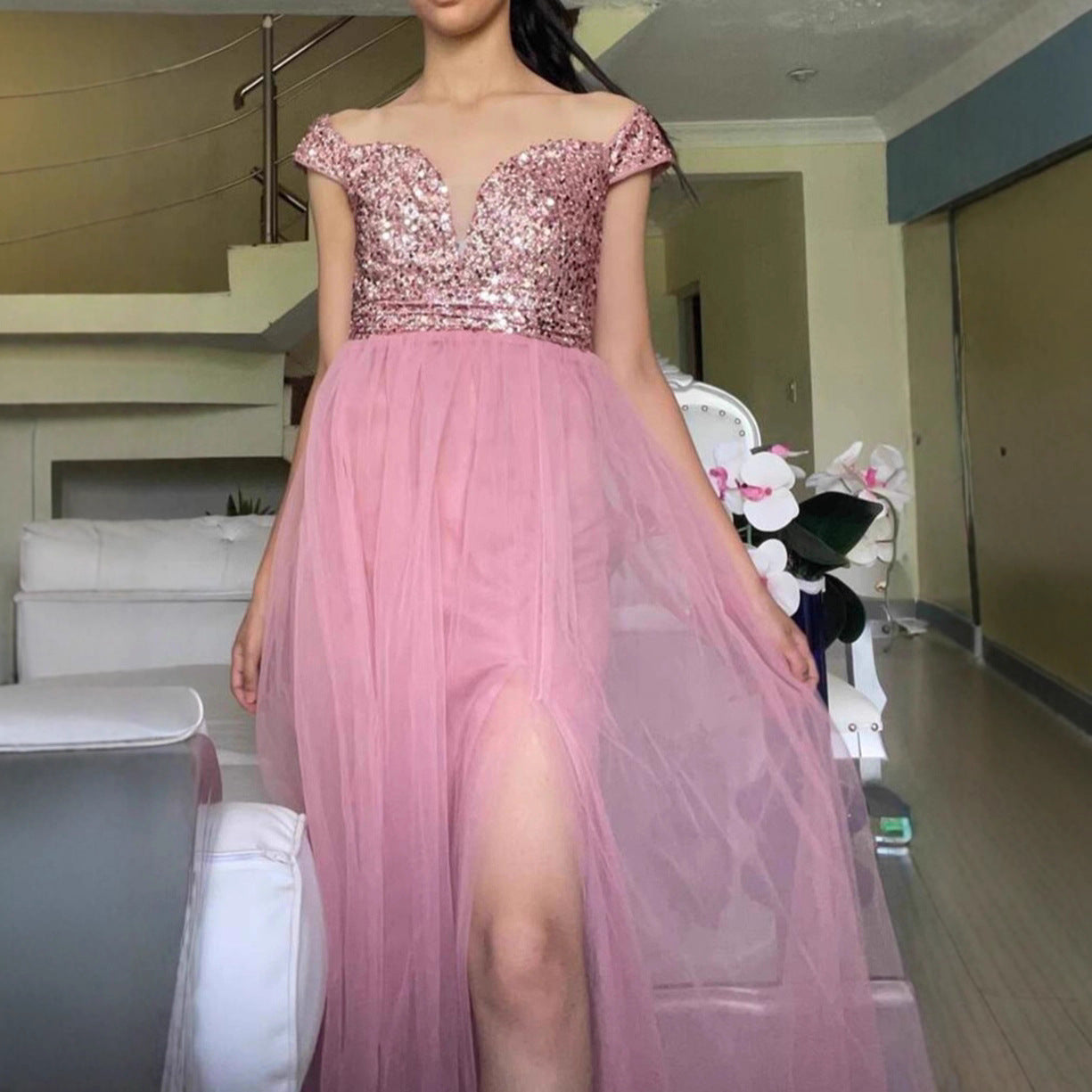 Damen Abendkleid Schulterfrei Glitzernd Norvielle - Norvielle