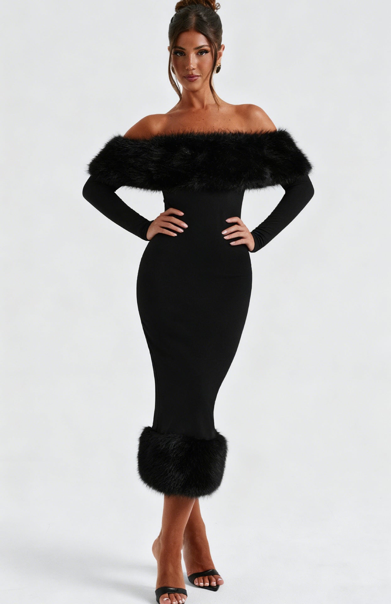 Damen Kleid Figurbetont Kunstfell Akzent