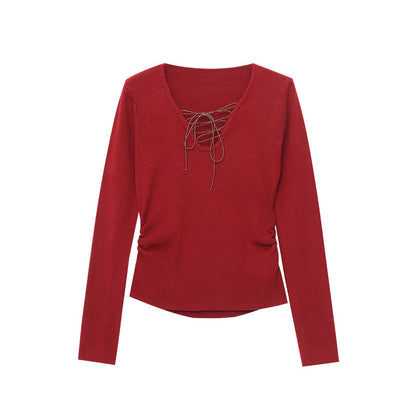 Damen Langarmshirt Schnürdesign Baumwolle Weiß