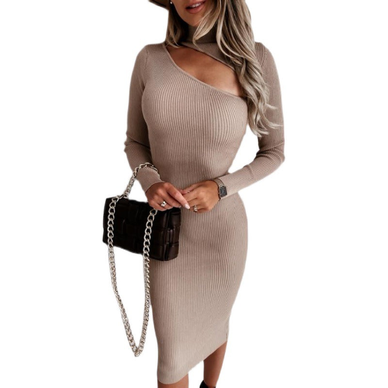 Damen Strickkleid Asymmetrischer Ausschnitt Lange Ärmel Norvielle