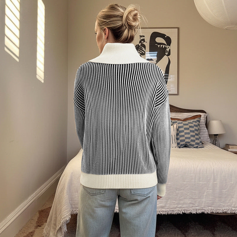 Damen Pullover Streifenmuster Eleganter Kragen Norvielle