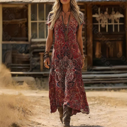 Damen Maxikleid V-Ausschnitt Kunstvolles Muster - Norvielle