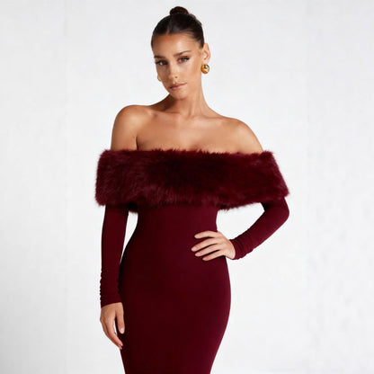 Damen Kleid Figurbetont Kunstfell Akzent