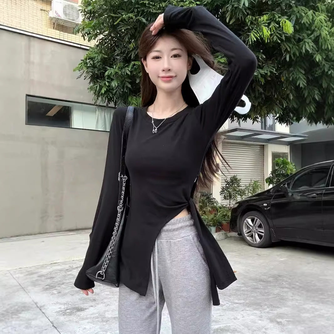 Damen Langarmshirt Rundhalsausschnitt mit Schlitzen Norvielle