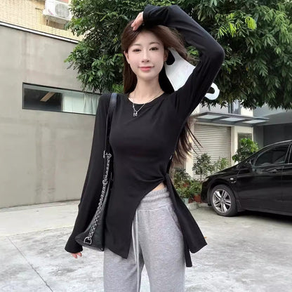 Damen Langarmshirt Rundhalsausschnitt mit Schlitzen Norvielle