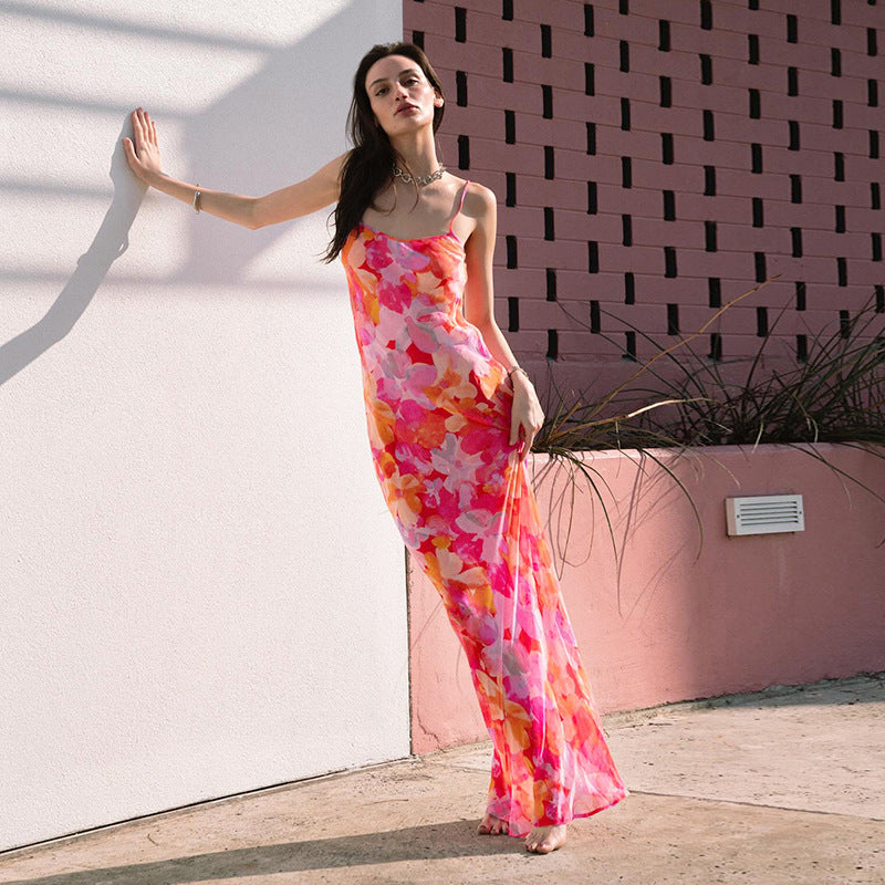 Damen Maxikleid Floral Norvielle mit Spaghettiträgern und fließendem - Norvielle