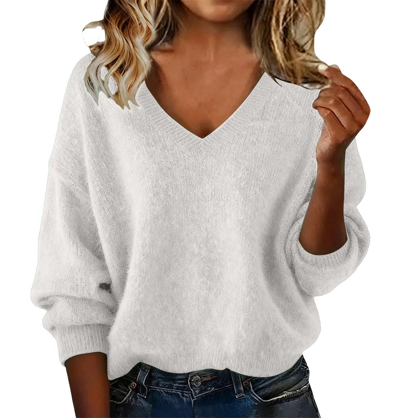 Damen Pullover V-Ausschnitt Weiches Fluff-Material Oversized - Norvielle