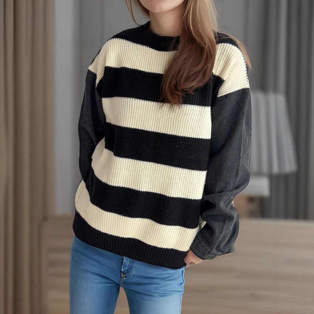 Damen Oversized Pullover Gestreift Weicher Baumwollmix Beige