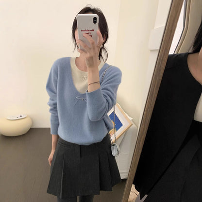Damen Pullover V-Ausschnitt Schleifenapplikation Norvielle