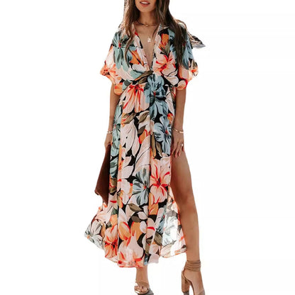 Damen Maxi-Kleid V-Ausschnitt Seitenschlitz Norvielle
