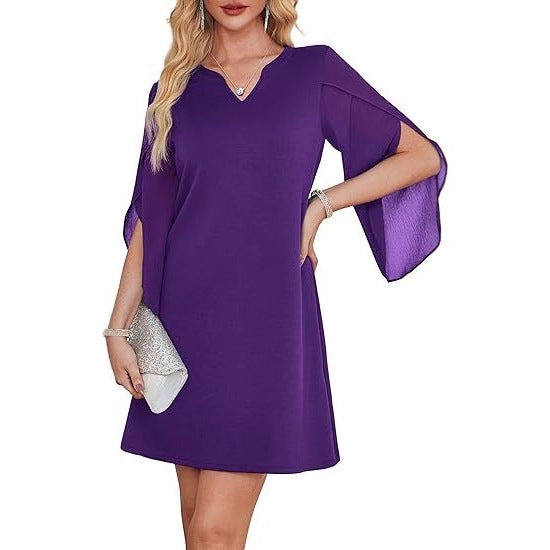 Damen V-Ausschnitt Kleid Durchsichtige Ärmel Norvielle