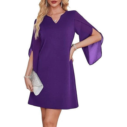 Damen V-Ausschnitt Kleid Durchsichtige Ärmel Norvielle