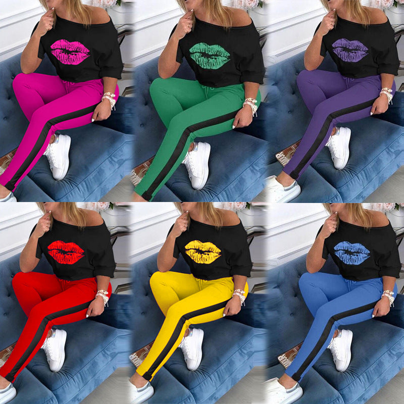 Damen Sweatshirt Lippenmotiv mit sportlicher Leggings - Norvielle
