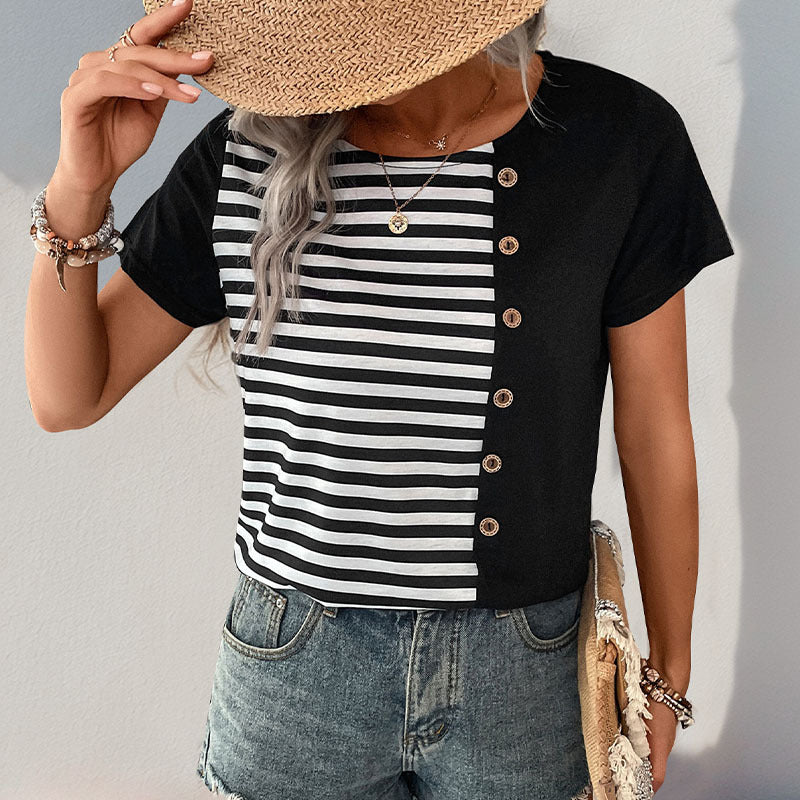 Damen T-Shirt Streifen Knöpfe Weiß