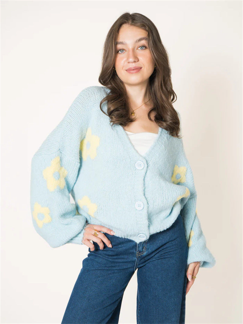 Damen Strickjacke Florales Muster Voluminöse Ärmel