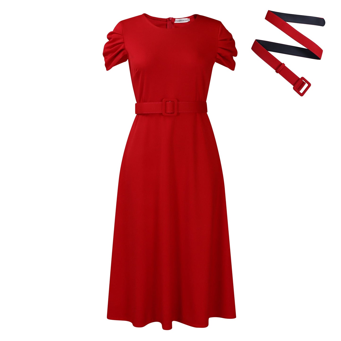 Damen Midi-Kleid Gummizug schmal Gürtel Norvielle