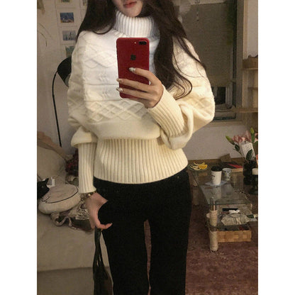 Damen Grobstrickpullover Hochkragen Kabelmuster Beige