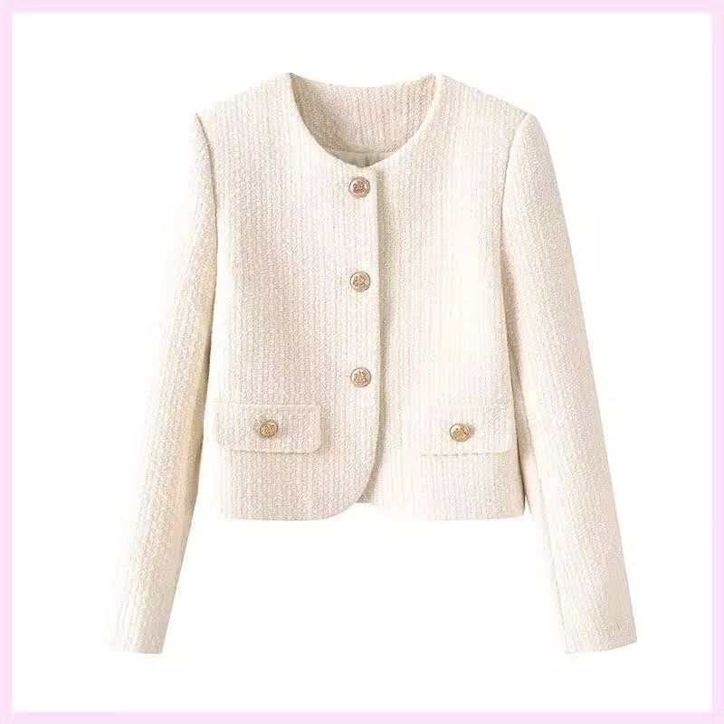 Damen Kurzjacke Tweed-Stil Goldknöpfe Beige
