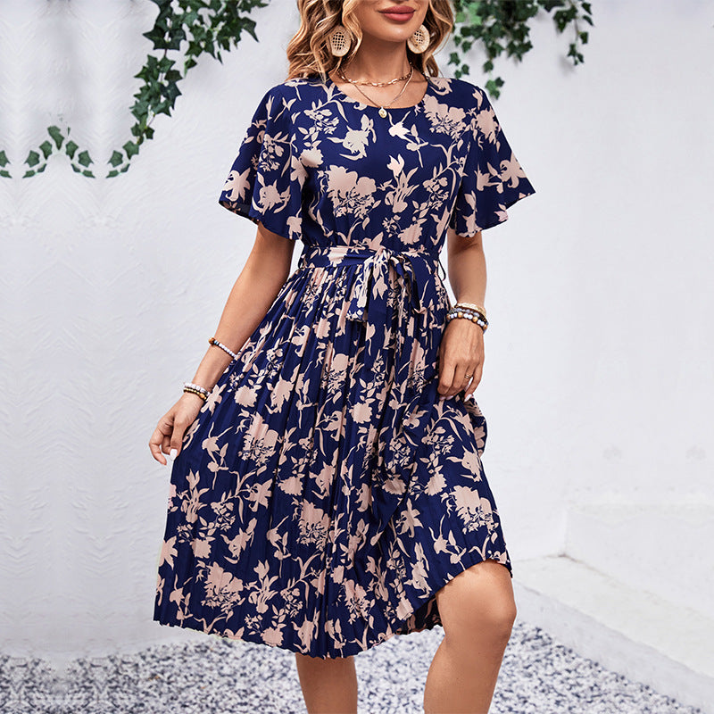 Damen Midi-Kleid Floraler Druck Taillierter Gürtel Norvielle