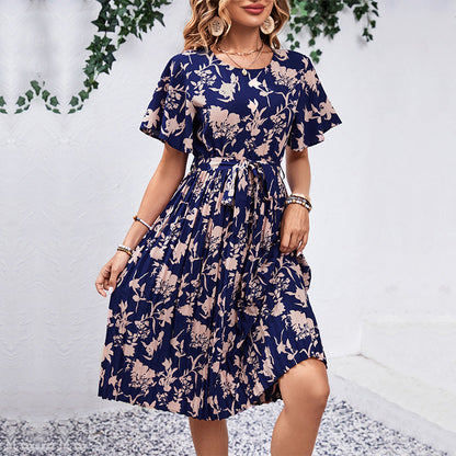 Damen Midi-Kleid Floraler Druck Taillierter Gürtel Norvielle