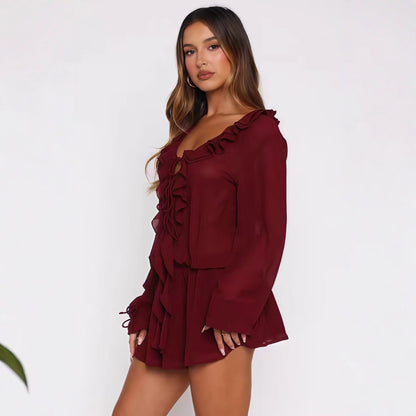 Damen Chiffonbluse Elegante Rüschendekoration V-Ausschnitt Norvielle