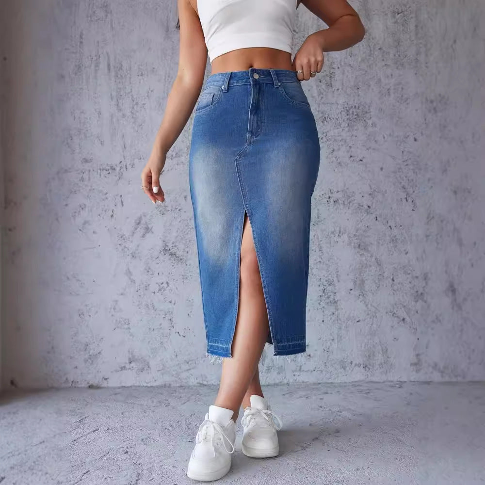 Damen Maxi Denimrock Seiten-Schlitz moderne Fransen