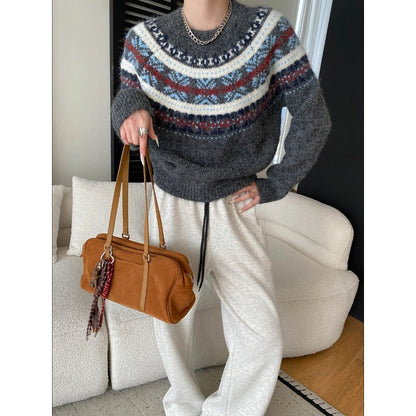 Damen Grobstrickpullover Lebendiges Muster Weite Ärmel Norvielle - Norvielle