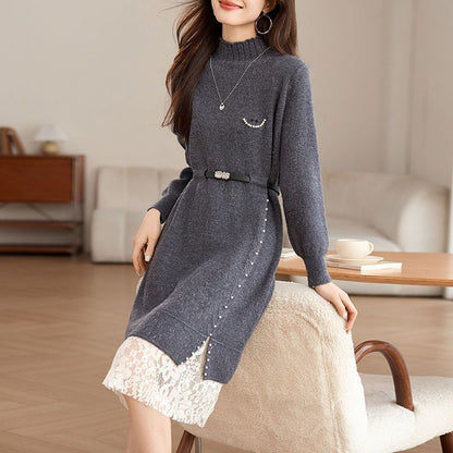 Damen Strickkleid mit Perlen und Gürtel - Norvielle