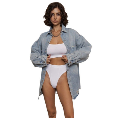 Damen Jeansjacke Distressed Look dunkelblau