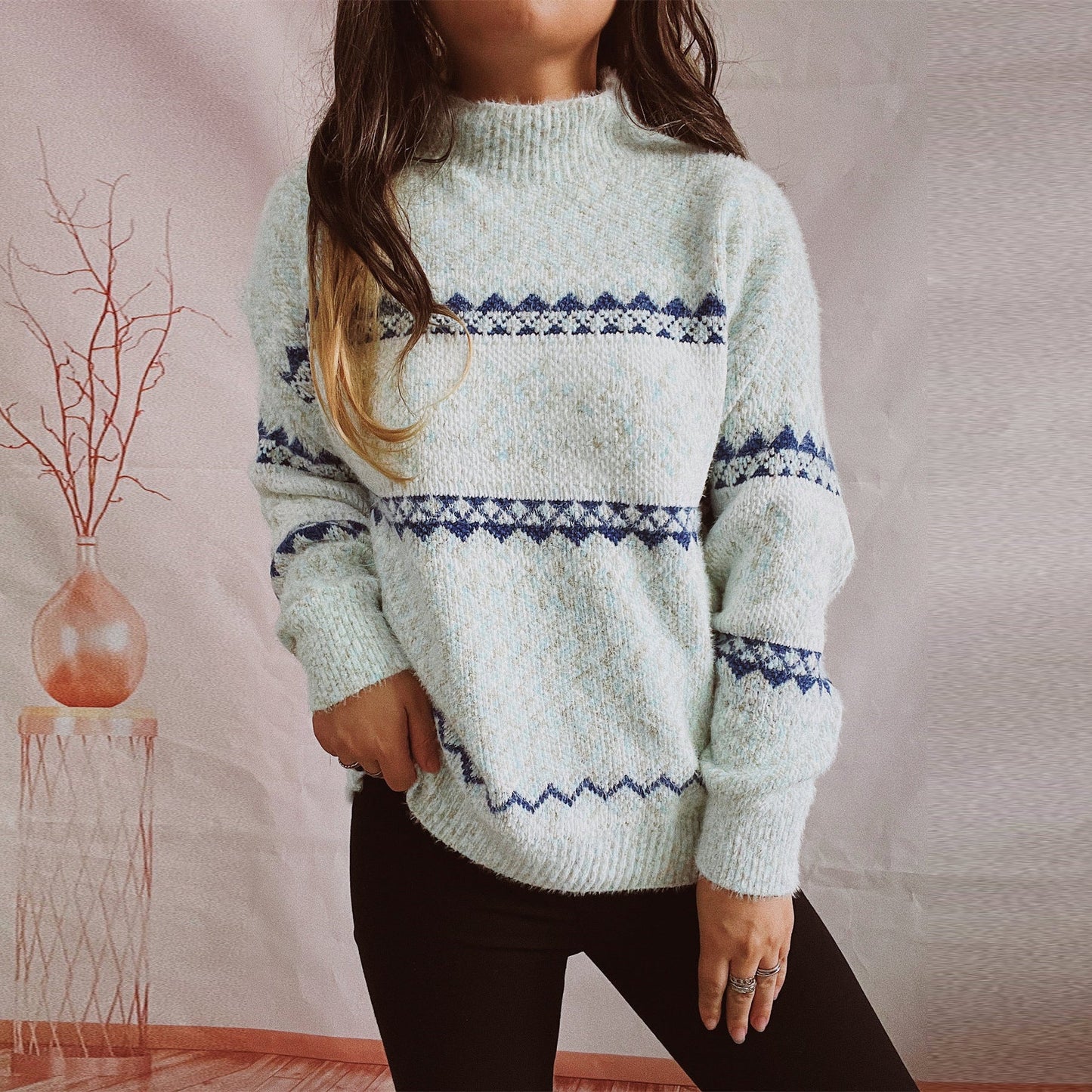 Damen Pullover Gestrickt Geometrisches Muster Norvielle