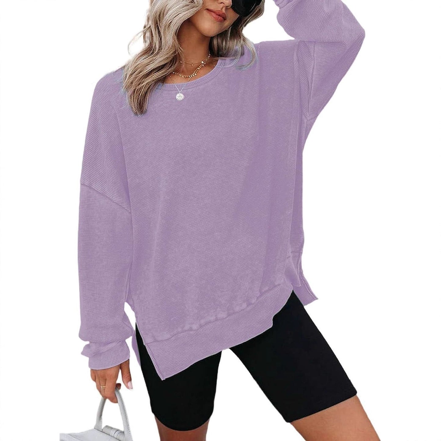 Damen Waffelpullover Mit Seitenschlitzen Norvielle