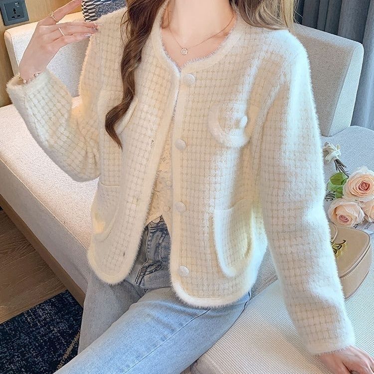 Damen Bouclé-Cardigan Weich Taschen Beige - Norvielle