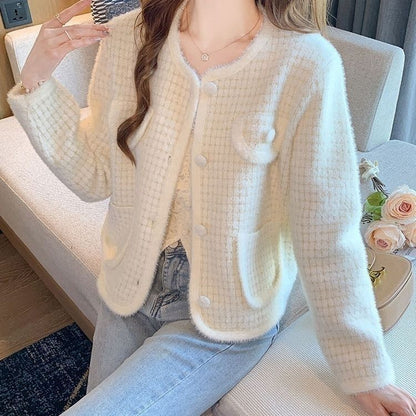 Damen Bouclé-Cardigan Weich Taschen Beige - Norvielle