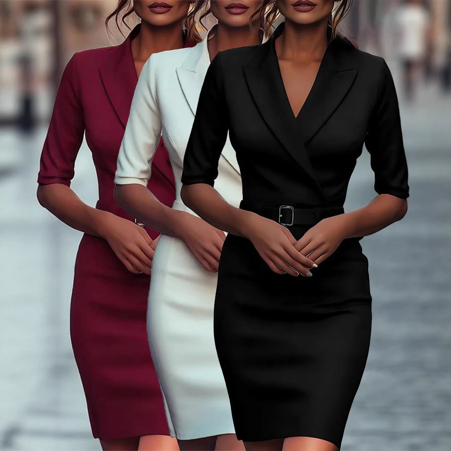 Damen Business-Kleid Figurbetont Gürtel Revers Norvielle - Norvielle