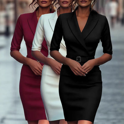 Damen Business-Kleid Figurbetont Gürtel Revers Norvielle - Norvielle