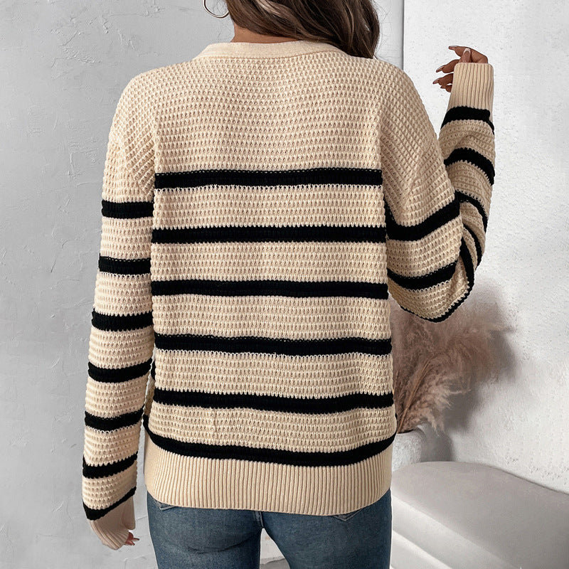 Damen Strickpullover Lässig Gestreift Mit Knöpfen Beige