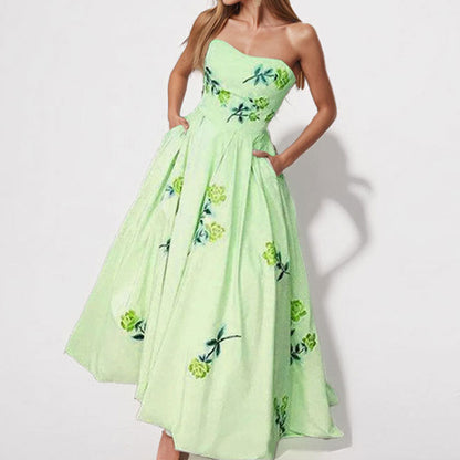 Damen Ballkleid Strapless Stickerei Weit Rock