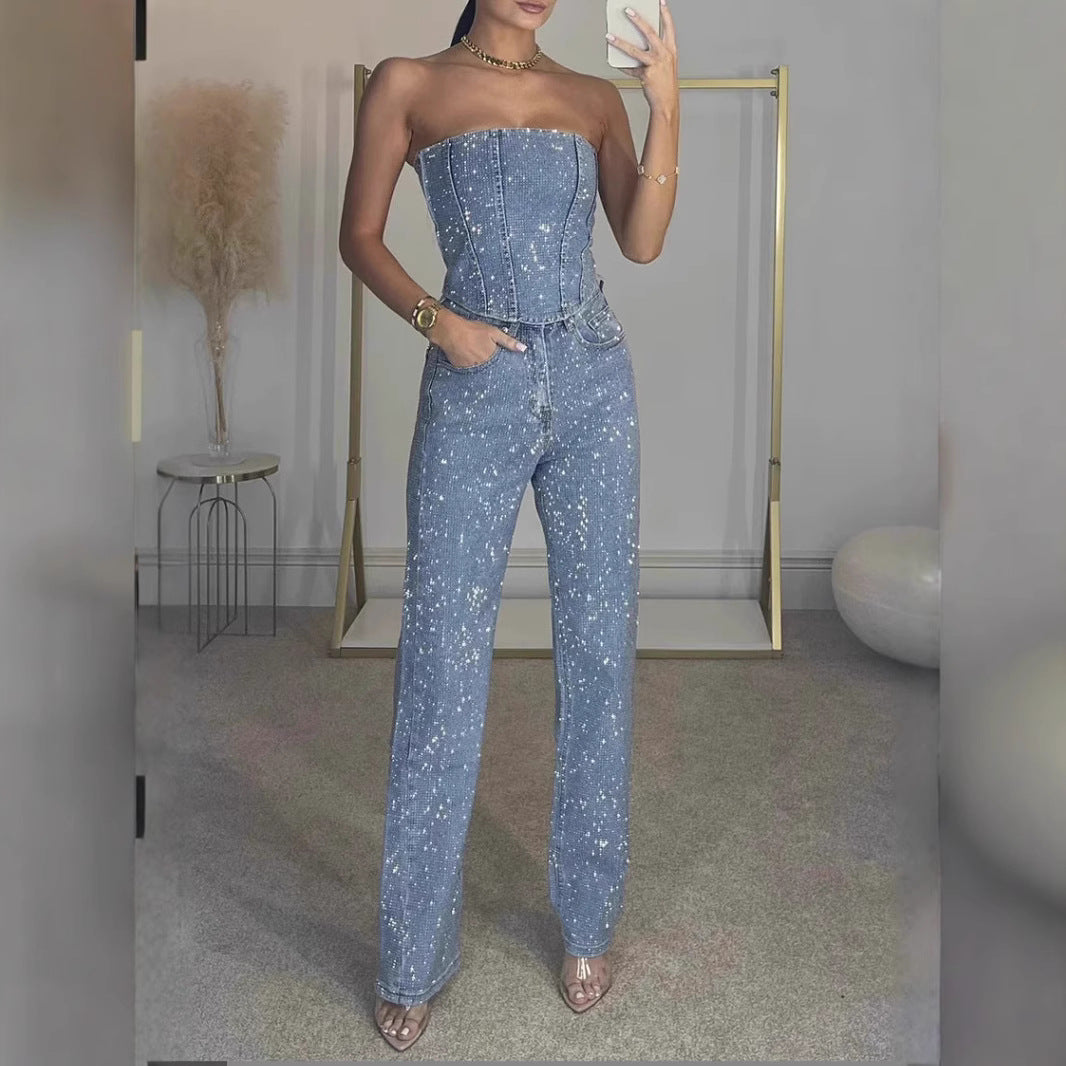 Damen Denim-Jumpsuit Ohne Träger Figurbetont