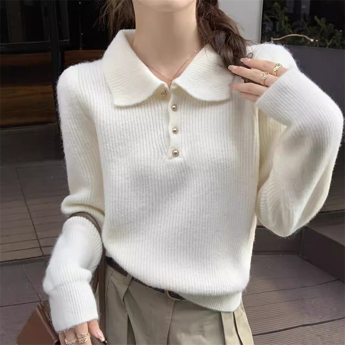 Damen Pullover Strukturiert Polo-Kragen Knöpfe Beige